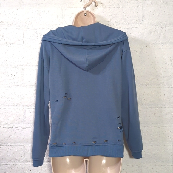 Distressed/Ripped Blue Zip Up Hoodie - Picture 4 of 10